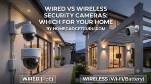 wired security cameras, wireless security cameras, home security, PoE cameras, Wi-Fi security cameras, battery powered cameras, home automation, security camera guide, smart home gadgets, Homegadgetguru,