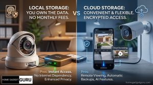 local storage security camera, cloud storage security camera, CCTV storage comparison, NVR storage, microSD card camera, cloud recording subscription, smart home security, video surveillance guide, data privacy security, Homegadgetguru,