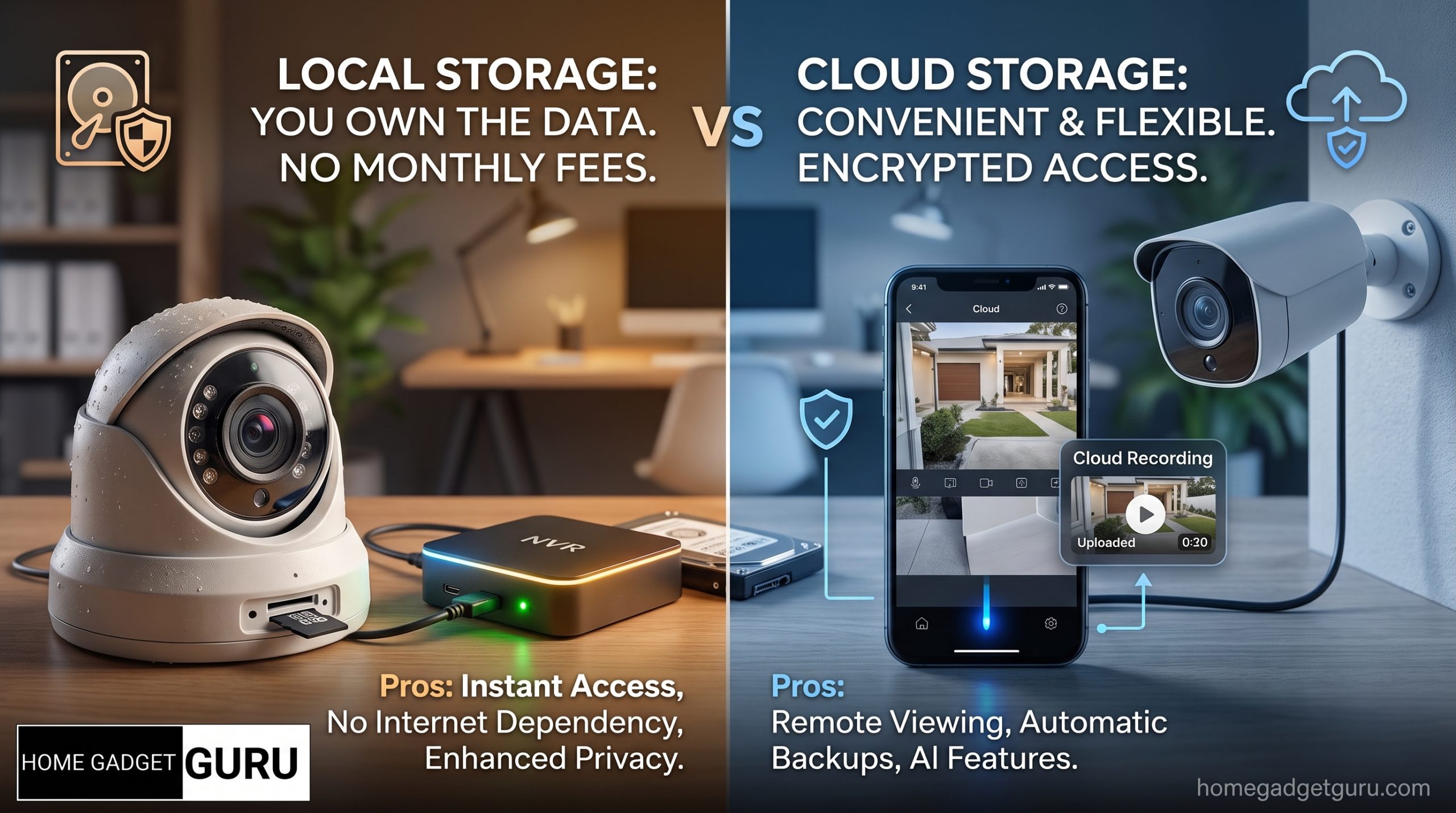 local storage security camera, cloud storage security camera, CCTV storage comparison, NVR storage, microSD card camera, cloud recording subscription, smart home security, video surveillance guide, data privacy security, Homegadgetguru,