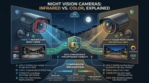 night vision security cameras, infrared vs color night vision, low light camera sensor, starlight night vision, black and white infrared, home security lighting, surveillance camera technology, dark vision cameras, security camera specs, night security setup,