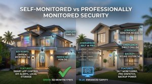 self-monitored security, professional monitoring, home security comparison, security system cost, smart home security, DIY security systems, security service, home monitoring,