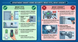 apartment smart home security, renter friendly security devices, drill free smart home, apartment door lock retrofit, wireless motion sensors apartment, portable security camera, renter smart home setup, non permanent home security, apartment window sensors, temporary security system,
