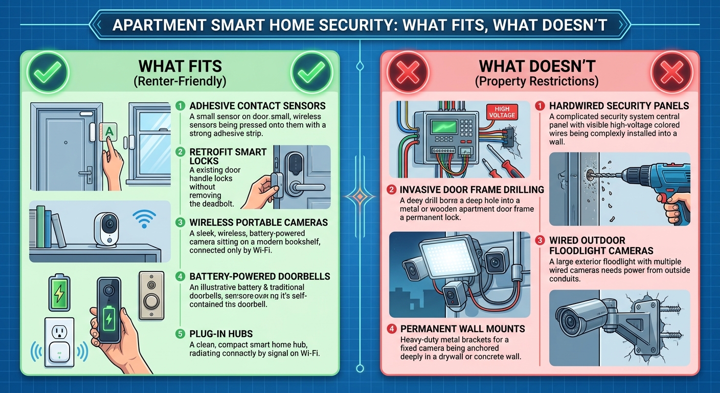apartment smart home security, renter friendly security devices, drill free smart home, apartment door lock retrofit, wireless motion sensors apartment, portable security camera, renter smart home setup, non permanent home security, apartment window sensors, temporary security system,
