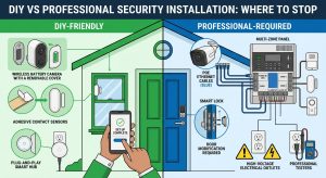 diy vs professional security installation, self install home security, professional security system installation, smart home security setup, DIY security system limits, home security hardwiring, professional security monitoring, hardwired vs wireless security, security system installer cost, home automation professional setup