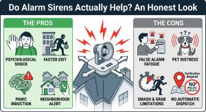 alarm sirens effectiveness, security camera siren, home security alarm sound, burglar alarm deterrence, high decibel alarm siren, smart home security siren, intruder alert siren, home alarm pros and cons, security siren false alarms, loud security siren setup,