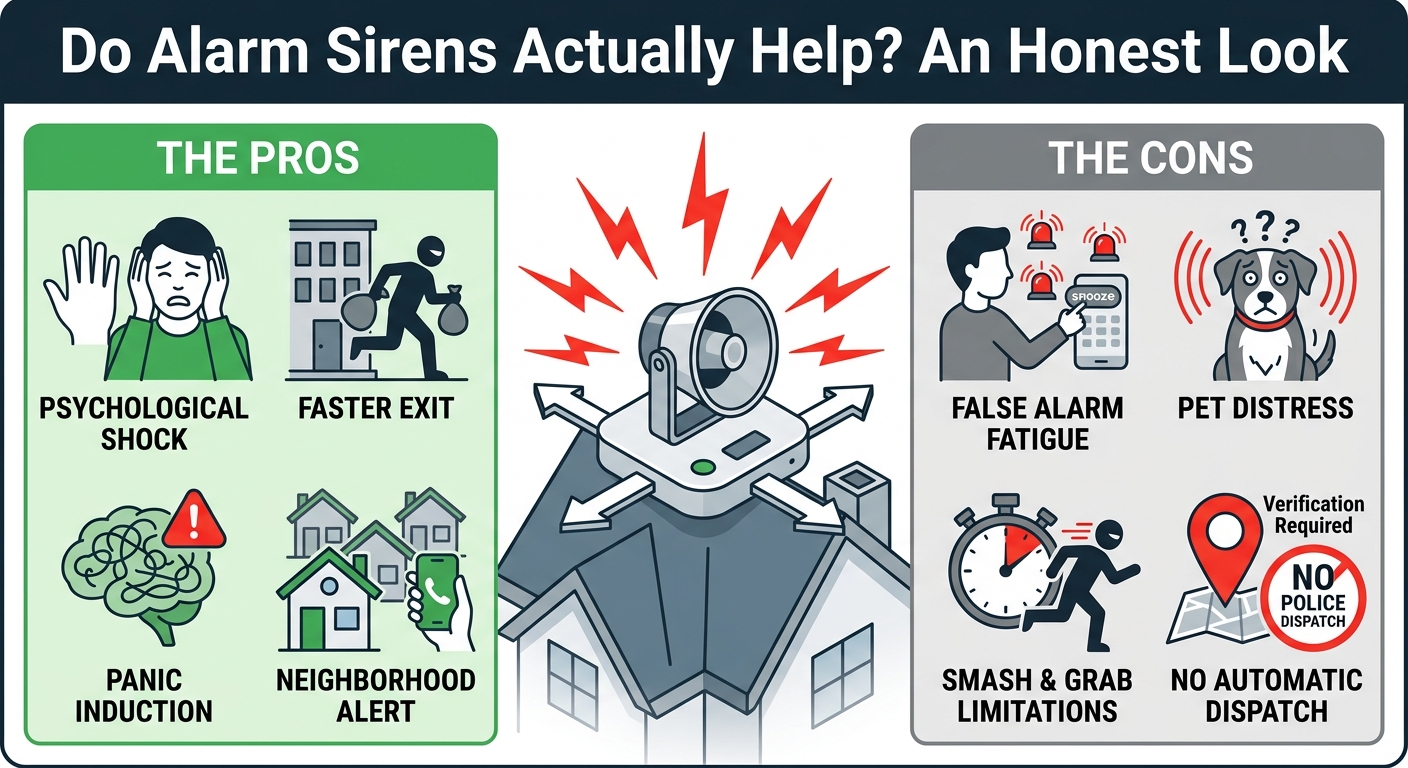 alarm sirens effectiveness, security camera siren, home security alarm sound, burglar alarm deterrence, high decibel alarm siren, smart home security siren, intruder alert siren, home alarm pros and cons, security siren false alarms, loud security siren setup,