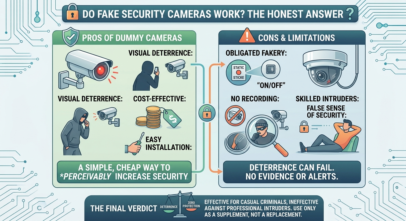 fake security cameras, dummy security cameras, do fake cameras deter crime, dummy vs real security cameras, fake camera pros and cons, visual crime deterrence, dummy camera red light, fake surveillance camera efficiency, budget home security, smart home camera alternatives