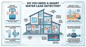 smart water leak detector, water leak alarm, smart leak sensor, plumbing leak detector, auto water shutoff valve, basement leak alarm, smart home water monitor, freeze and leak sensor, app water leak alert, prevent water damage smart home,