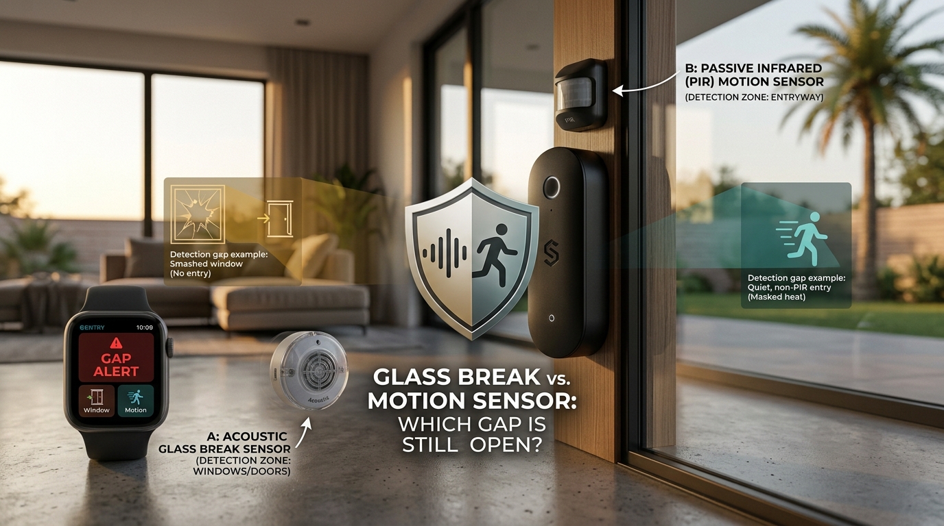 glass break sensor, motion sensor comparison, perimeter security, home security gaps, acoustic sensor vs pir, intrusion detection, glass break frequency, motion detector placement, residential security setup