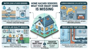 smart home hazard sensors, water leak detector, smart carbon monoxide alarm, environmental hazard sensors, freeze sensor smart home, smart smoke detector, indoor air quality monitor, pipe freeze protection, smart home safety devices, environmental monitoring system,