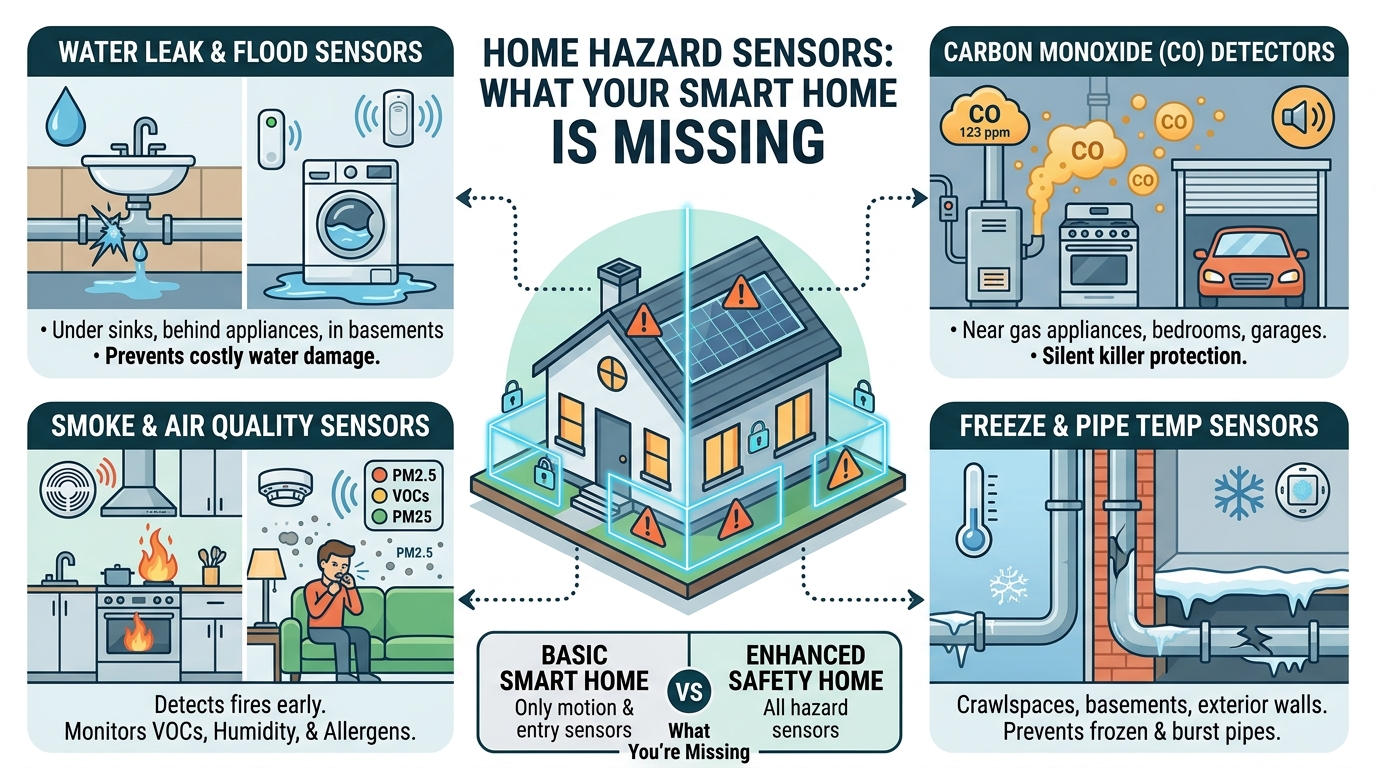 smart home hazard sensors, water leak detector, smart carbon monoxide alarm, environmental hazard sensors, freeze sensor smart home, smart smoke detector, indoor air quality monitor, pipe freeze protection, smart home safety devices, environmental monitoring system,