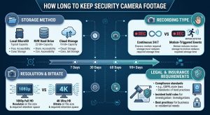 security camera footage retention, video retention policy, CCTV storage capacity, NVR storage calculation, cloud security camera recording length, local storage security camera, continuous vs motion recording, footage backup policy, security camera SD card capacity, how long to store security footage,