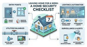 leaving home security checklist, vacation home security checklist, week long trip home safety, pre vacation home checklist, lock up home before vacation, smart home vacation mode, burglar prevention vacation, home security vacation steps, secure home before travel, vacation security tips,