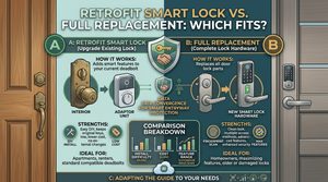 retrofit smart lock, full replacement smart lock, retrofit vs full lock replacement, smart lock installation comparison, existing deadbolt smart lock, keyless entry retrofit, smart lock upgrade guide, smart lock conversion kit, standard door lock to smart lock, home security lock replacement,
