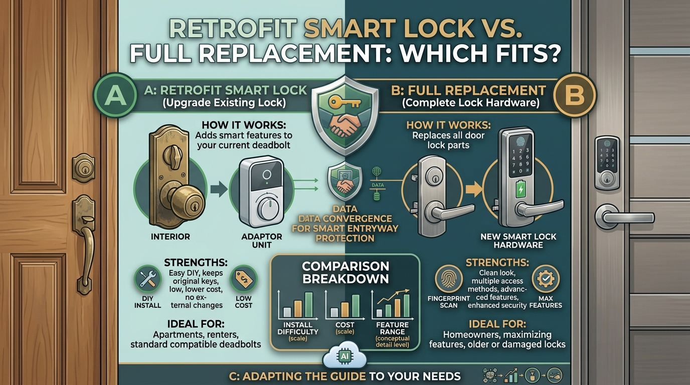 retrofit smart lock, full replacement smart lock, retrofit vs full lock replacement, smart lock installation comparison, existing deadbolt smart lock, keyless entry retrofit, smart lock upgrade guide, smart lock conversion kit, standard door lock to smart lock, home security lock replacement,