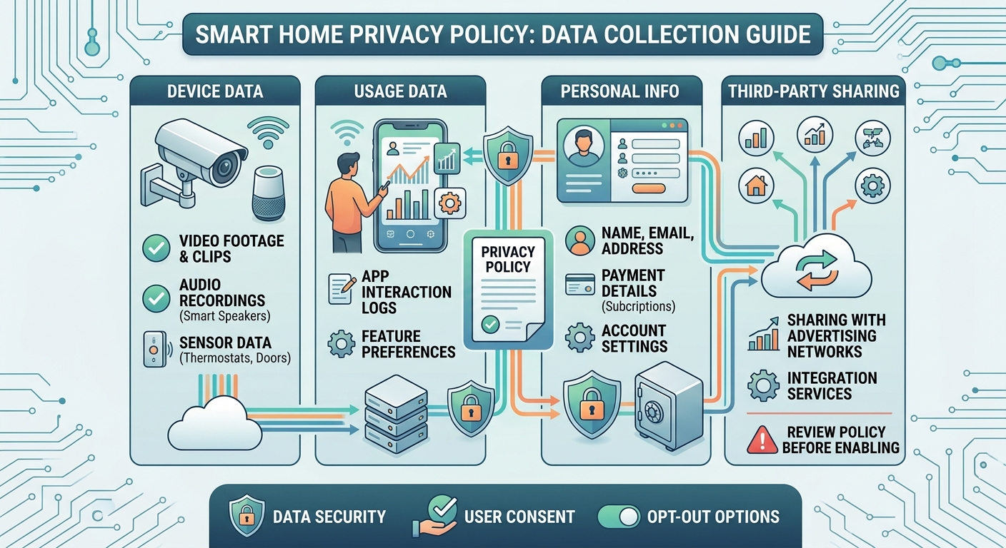 smart home privacy policy, smart device data collection, iot data tracking, smart camera data privacy, voice assistant privacy settings, home automation data sharing, smart lock telemetry, smart home user consent, iot data security standards, smart tech privacy guide,