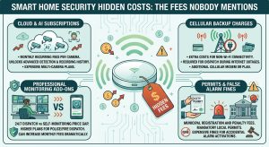 smart home security hidden costs, home security hidden fees, smart camera subscription costs, cloud storage fees security camera, self monitoring vs paid plan, equipment activation fees home security, smart lock cellular backup cost, home security professional monitoring fees, unexpected security system expenses, security camera data plan fees,