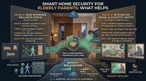smart home security for seniors, elderly home safety systems, medical alert smart home, fall detection sensors, remote monitoring for aging parents, simple smart security seniors, senior safety technology, non intrusive senior monitoring, ambient home safety sensors, elderly emergency alert systems,