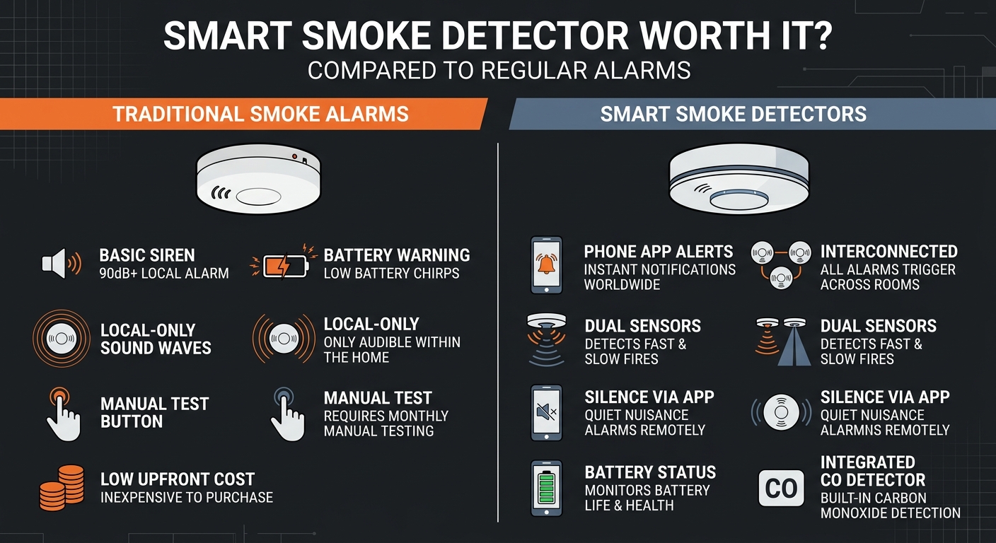 smart smoke detector vs regular alarm, interconnected smoke detectors, smart fire alarm worth it, smoke detector phone alerts, smart smoke detector battery life, split spectrum smoke sensor, remote smoke alarm silence, smart home fire safety, smoke and carbon monoxide combo, smart alarm notifications,