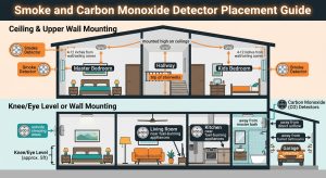 smoke detector placement guide, carbon monoxide detector placement, where to install smoke alarms, smart CO detector placement, smoke alarm height on wall, kitchen smoke detector placement, hallway smoke alarm rules, ceiling vs wall smoke detector, carbon monoxide alarm height, smart detector installation tips
