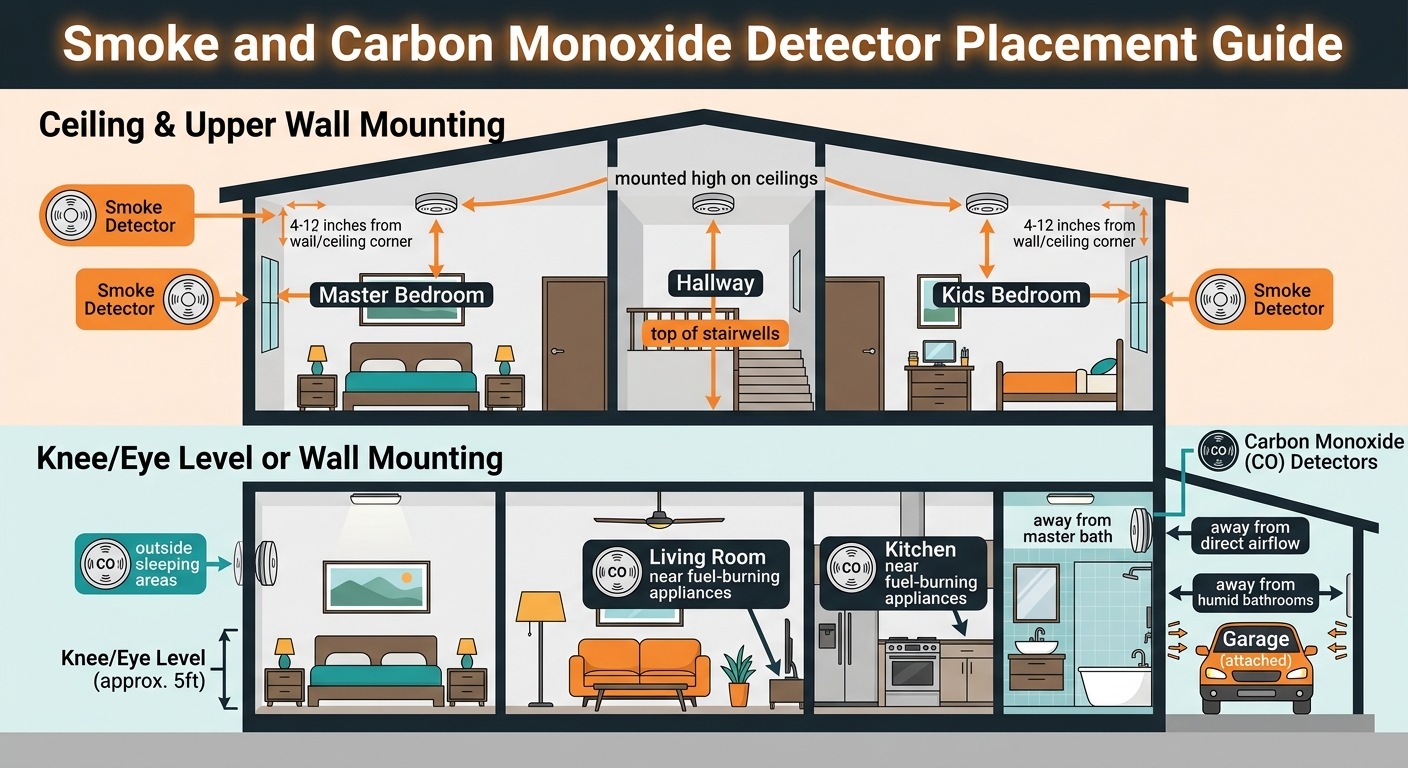 smoke detector placement guide, carbon monoxide detector placement, where to install smoke alarms, smart CO detector placement, smoke alarm height on wall, kitchen smoke detector placement, hallway smoke alarm rules, ceiling vs wall smoke detector, carbon monoxide alarm height, smart detector installation tips