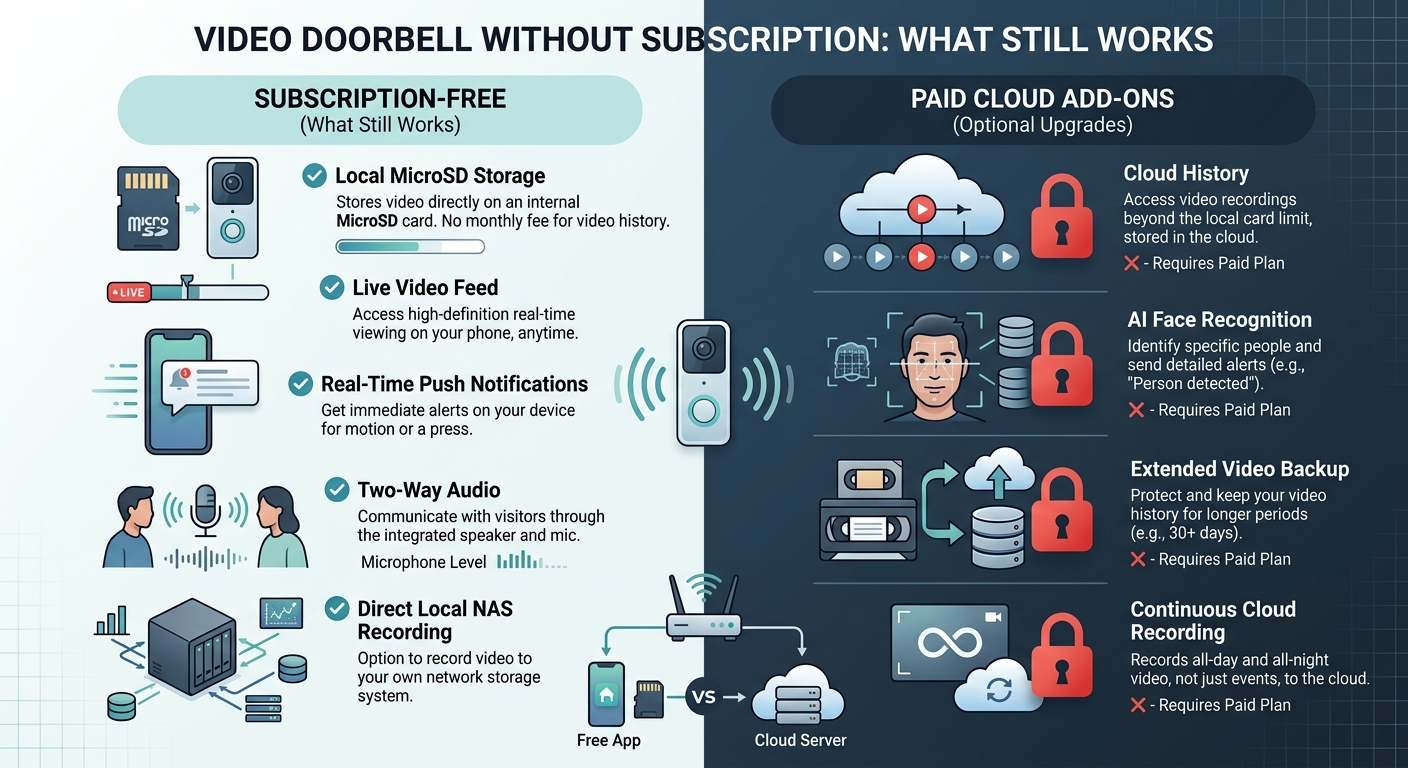 video doorbell local storage, subscription free security camera, local storage vs cloud storage, RTSP video doorbell, microSD video doorbell, direct NAS video recording, doorbell camera no monthly fee, self hosted video doorbell, live video doorbell feed, smart doorbell no cloud,