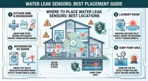water leak sensor placement, smart leak detector locations, basement water sensor, washing machine leak detector, water heater leak sensor, smart home plumbing safety, sump pump sensor, sink leak alarm, prevent water damage, smart leak detector setup,