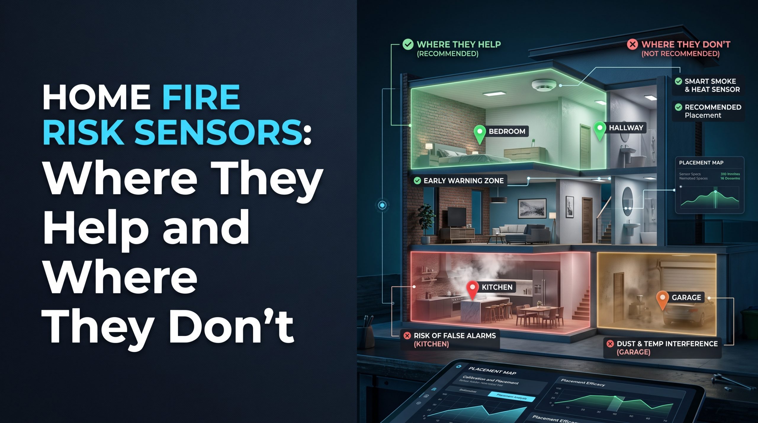 Home Fire Risk Sensors, Fire Alarm Placement, Where They Help and Where They Don't, Smart Smoke & Heat Sensor, Nuisance & False Alarms, Household Fire Safety, Optimal Placement Zone, Sensor Efficacy, Smart Alarm Map, Kitchen Fire Risk, Garage Sensor Interference, Recommended Placement Guide, Early Warning Zone, Device Reliability,