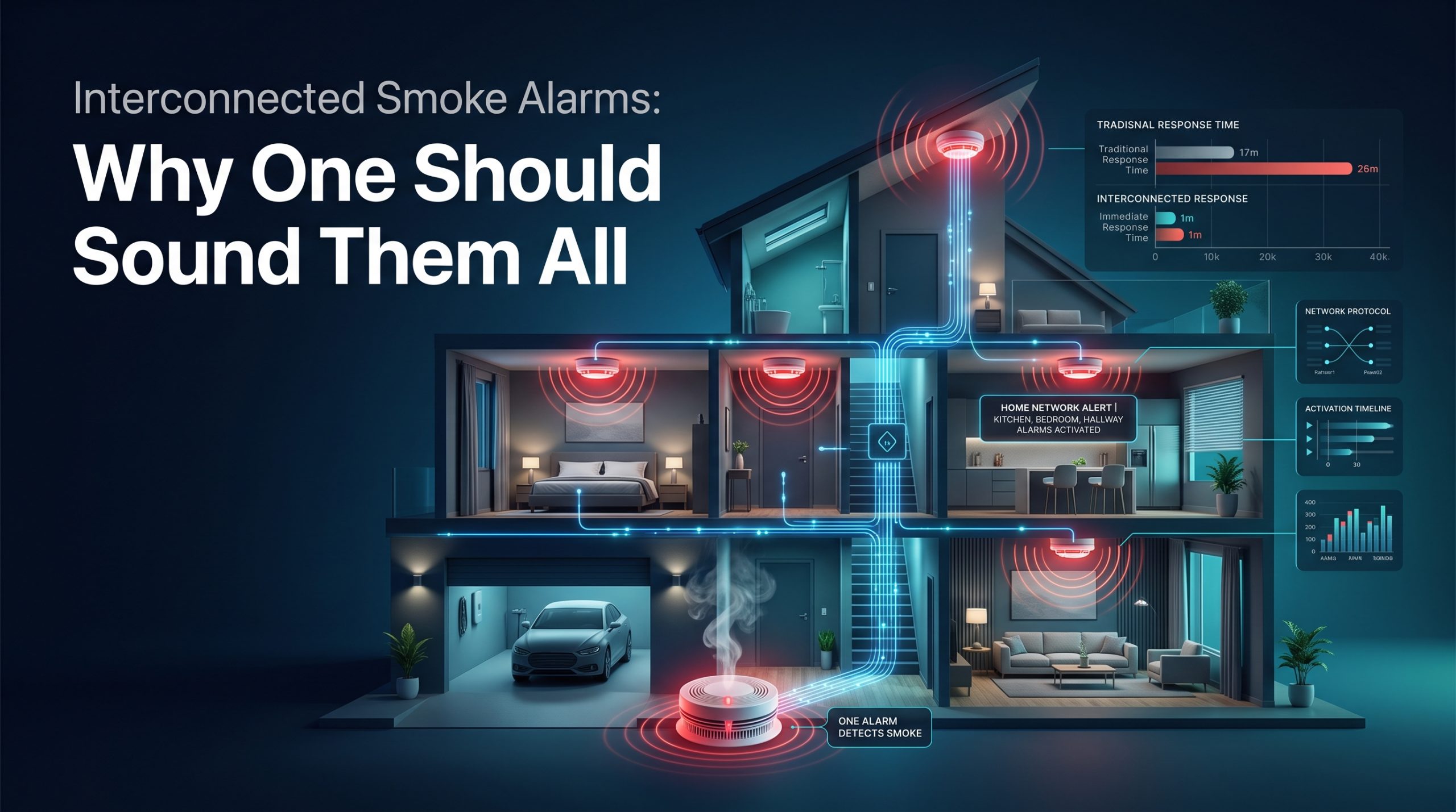 Interconnected Smoke Alarms, Networked Smoke Detectors, Fire Safety, Smart Home Safety, IoT Smoke Alarm, Simultaneous Sounding, Synchronized Alarms, Early Warning System, Home Security, Rapid Response Time, Connected House Technology, Residential Fire Detection, Smart Devices,
