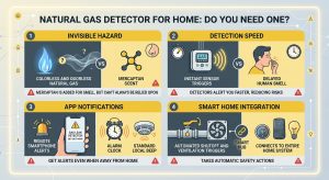 natural gas detector home, explosive gas alarm, smart gas detector, methane detector home, propane leak sensor, gas leak detector placement, natural gas leak symptoms, smart gas alarm app, home gas safety, combustible gas detector,