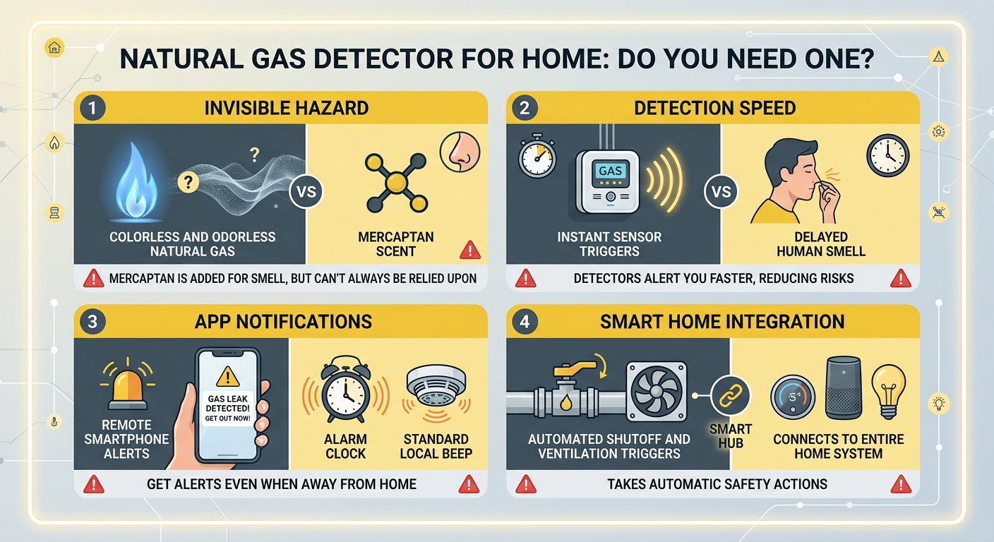 natural gas detector home, explosive gas alarm, smart gas detector, methane detector home, propane leak sensor, gas leak detector placement, natural gas leak symptoms, smart gas alarm app, home gas safety, combustible gas detector,