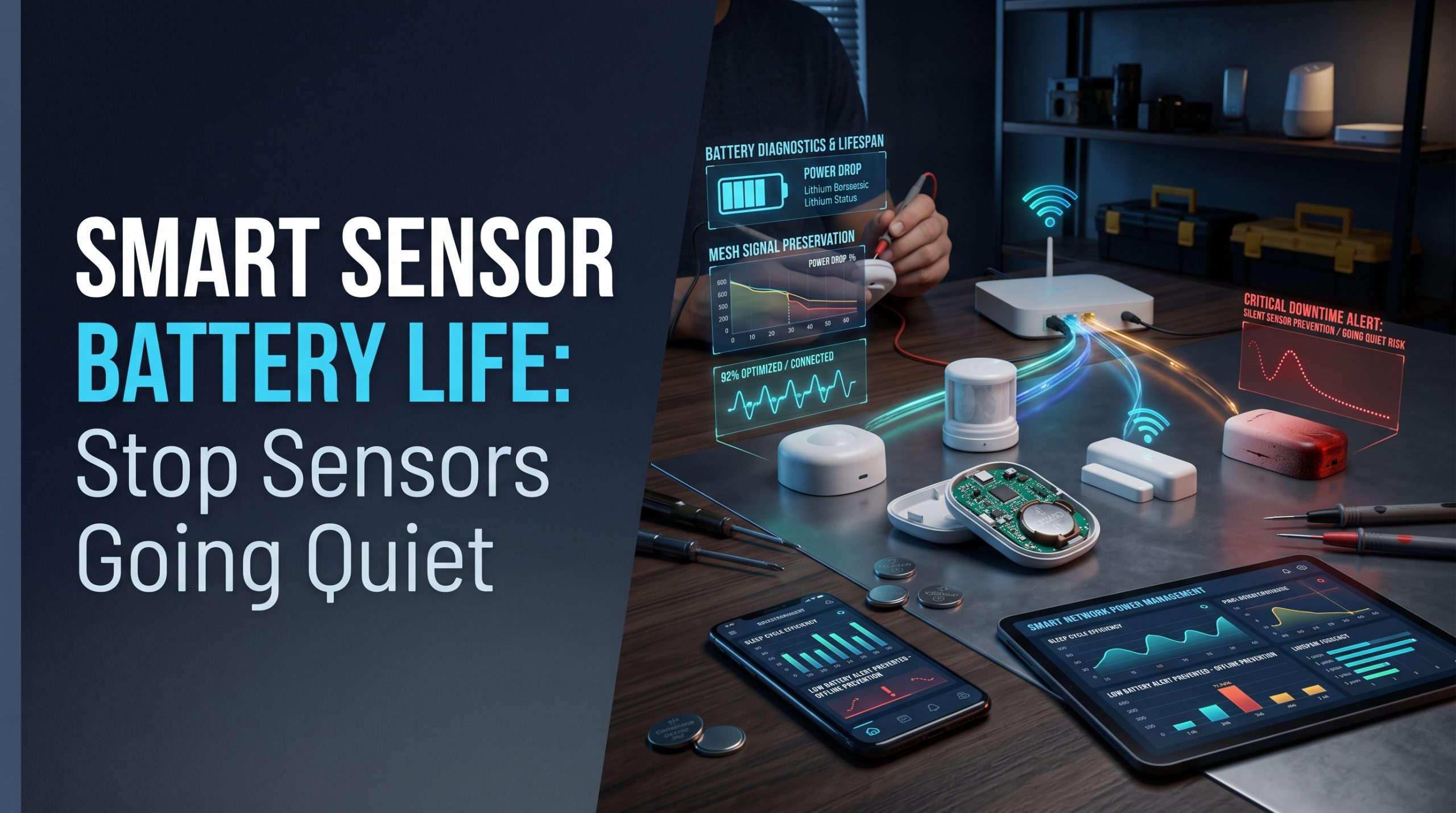 Smart Sensor Battery Life, Prevent Off-Line Sensors, IoT Power Management, Device Signal Failure, Smart Home Maintenance, Low Battery Warning, Mesh Signal Preservation, Battery Diagnosis, Silent Sensor Prevention, Mesh Network Reliability, Preventative Battery Replacement, Node Disconnections, Device Battery Drain,