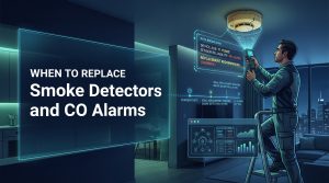 Smoke Detector, Carbon Monoxide Alarm, CO Alarm, Home Safety, Fire Safety, Appliance Maintenance, Technician, Replacement Guide, Lifespan, Sensor Reliability, Data Visualization, Infographic, Smart Home Technology, IoT (Internet of Things), Augmented Reality (AR), Futuristic Technology, Modern Apartment, Urban Living, Preventive Maintenance, Life Safety,