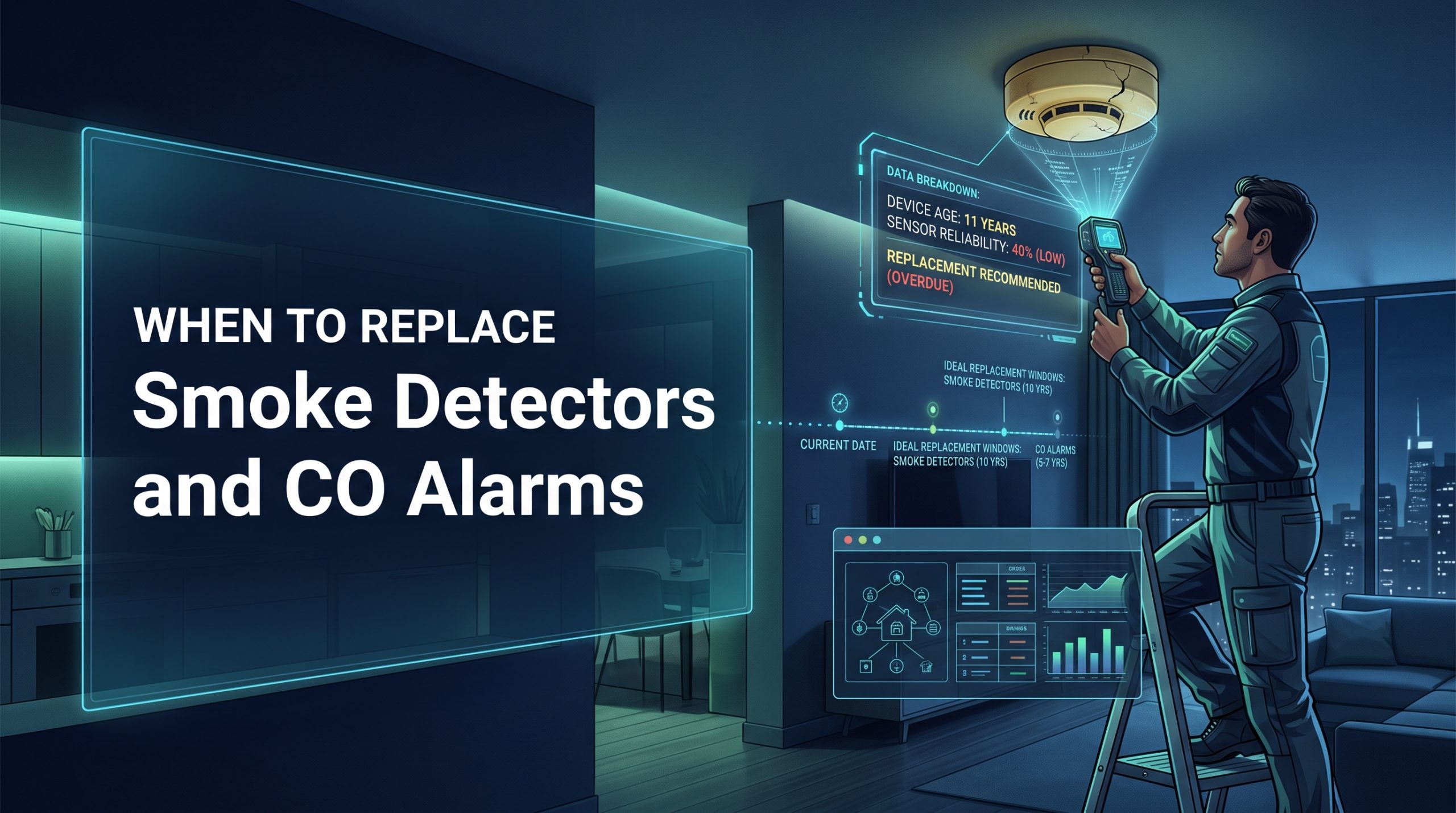 Smoke Detector, Carbon Monoxide Alarm, CO Alarm, Home Safety, Fire Safety, Appliance Maintenance, Technician, Replacement Guide, Lifespan, Sensor Reliability, Data Visualization, Infographic, Smart Home Technology, IoT (Internet of Things), Augmented Reality (AR), Futuristic Technology, Modern Apartment, Urban Living, Preventive Maintenance, Life Safety,